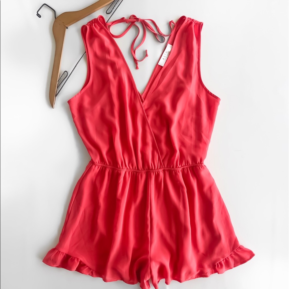 ASTR • Coral Surplice Ruffle Hem Tie-Back Romper